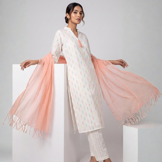 White Colour Suit Set with Pink Dupatta