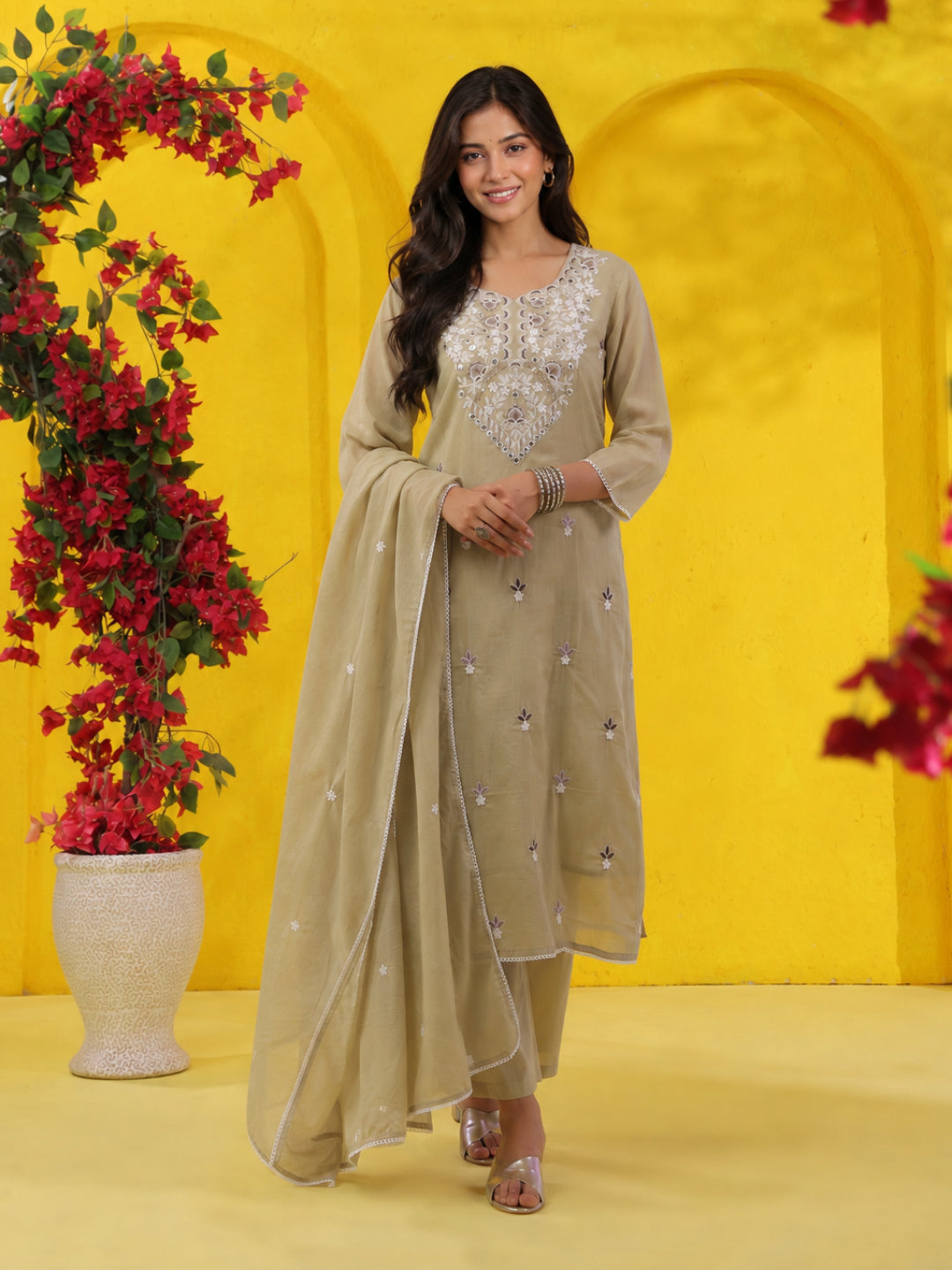 Beige Colour Embroided Straight Suit - BluAuraa