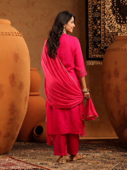 Pure Silk Fuschia Colour Straight Suit - BluAuraa
