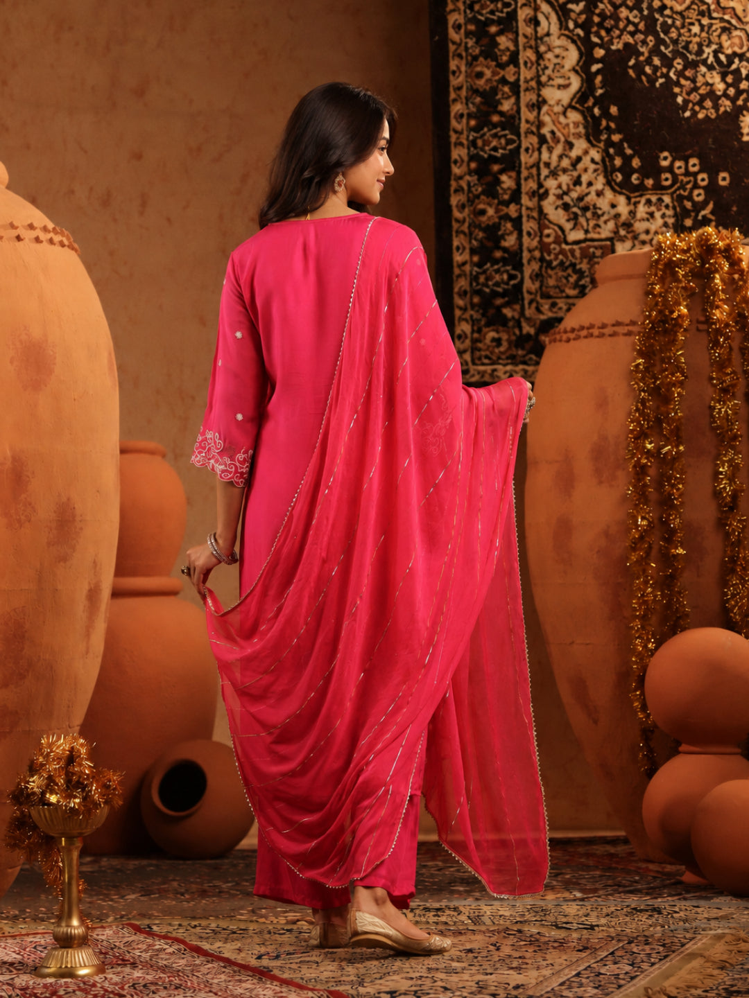 Premium Silk Embrioded Fuschia Colour Straight Suit - BluAuraa