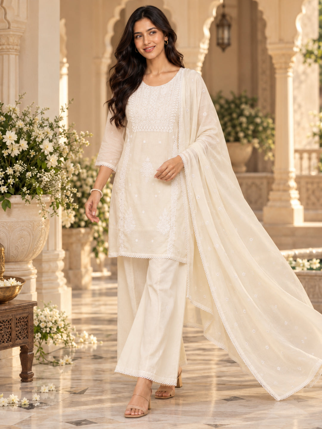 White Chikankari Suit with Plazaao and Dupatta - BluAuraa