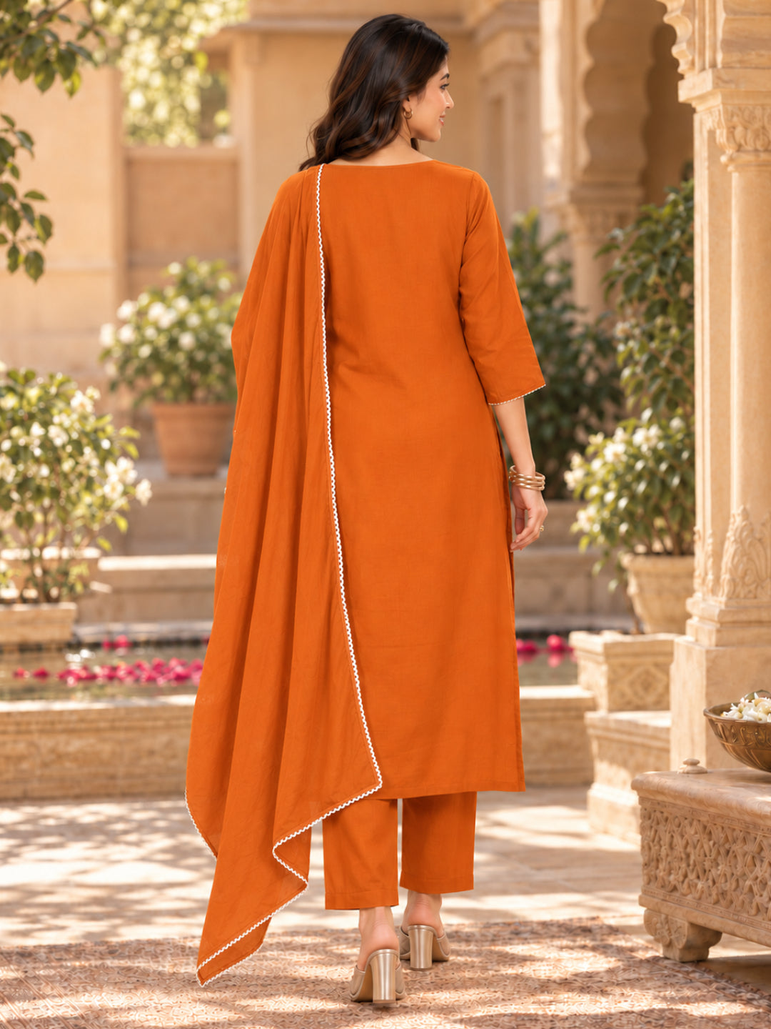 Rust Orange Chikankari Suit with Plazaao and Dupatta - BluAuraa