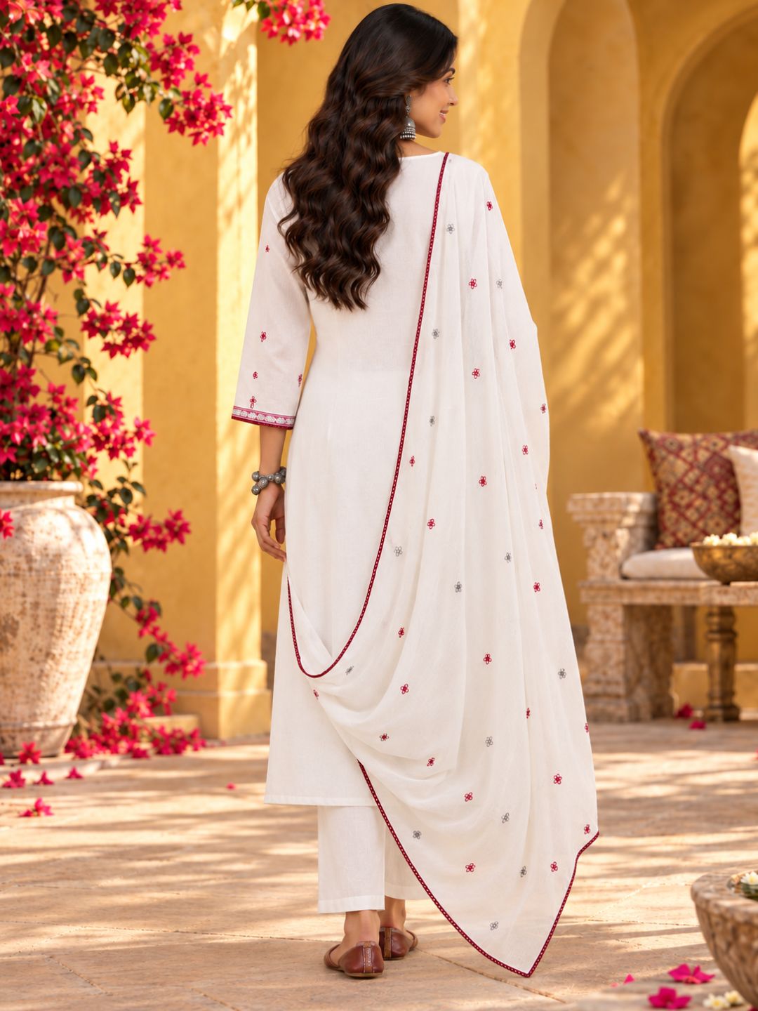 White embriodred Kurta Set with Trouser and Dupatta - Brick Red - BluAuraa