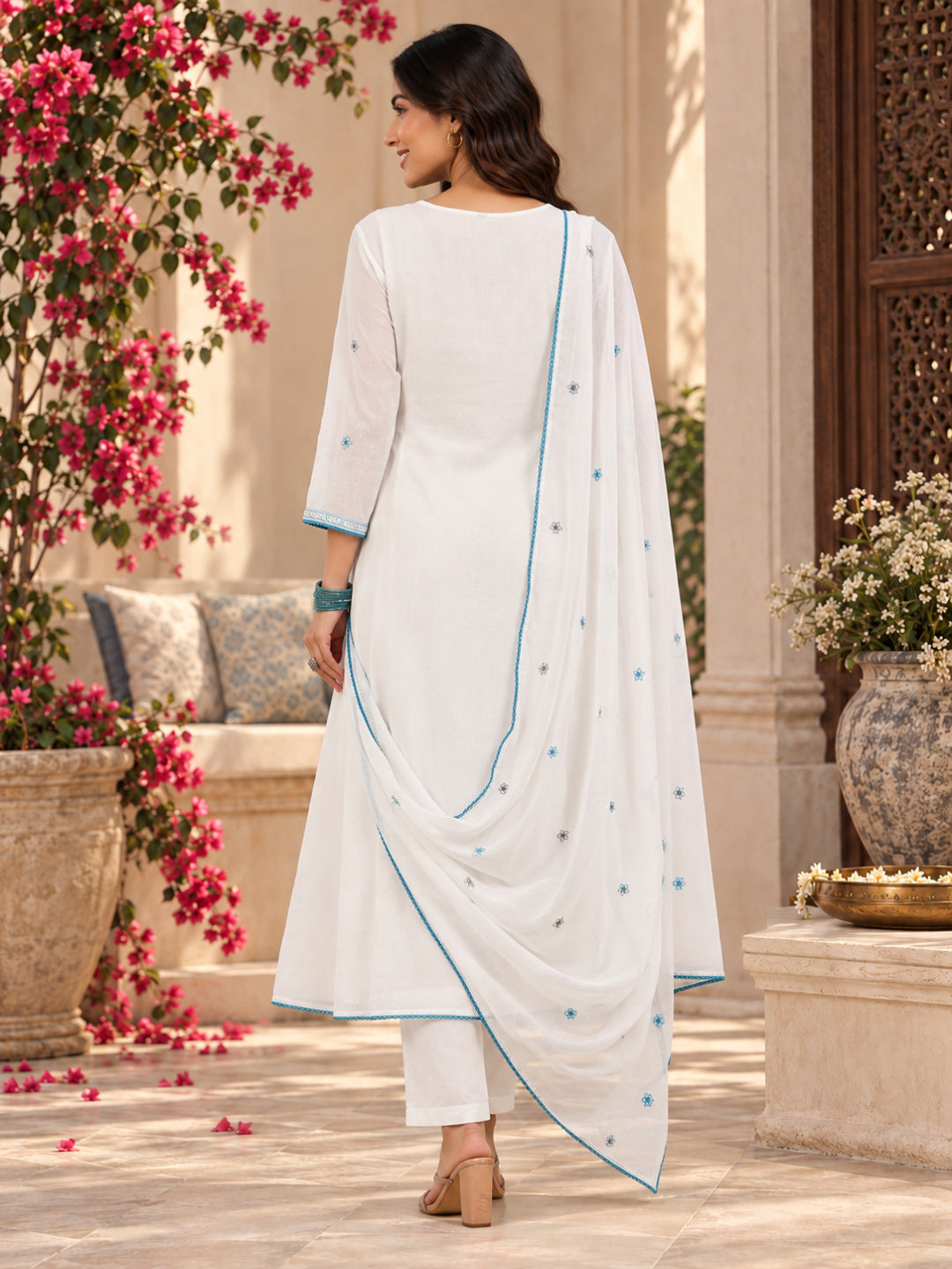 White embriodred Kurta Set with Trouser and Dupatta - Turquoise Blue - BluAuraa