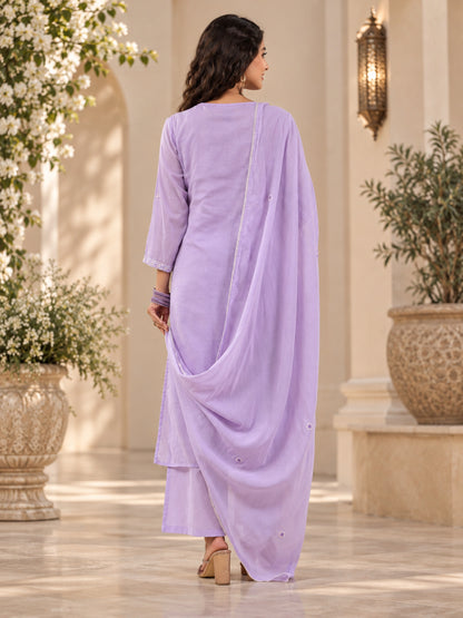 Lavander embriodred Kurta Set with Trouser and Dupatta - BluAuraa
