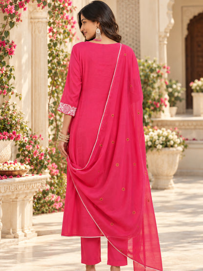 Fuchsia embriodred Kurta Set with Trouser and Dupatta - BluAuraa