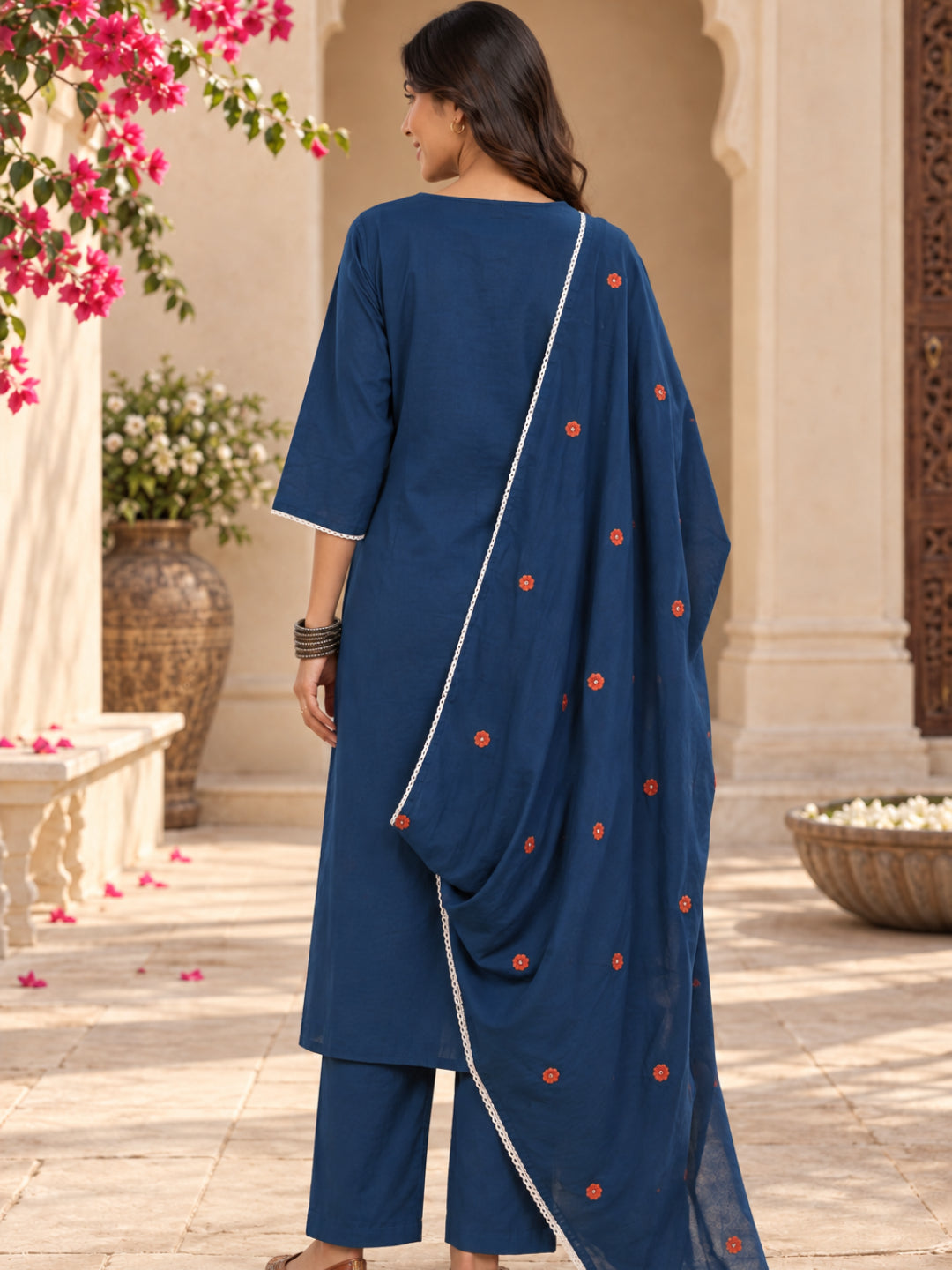 Teal embriodred Kurta Set with Trouser and Dupatta - BluAuraa