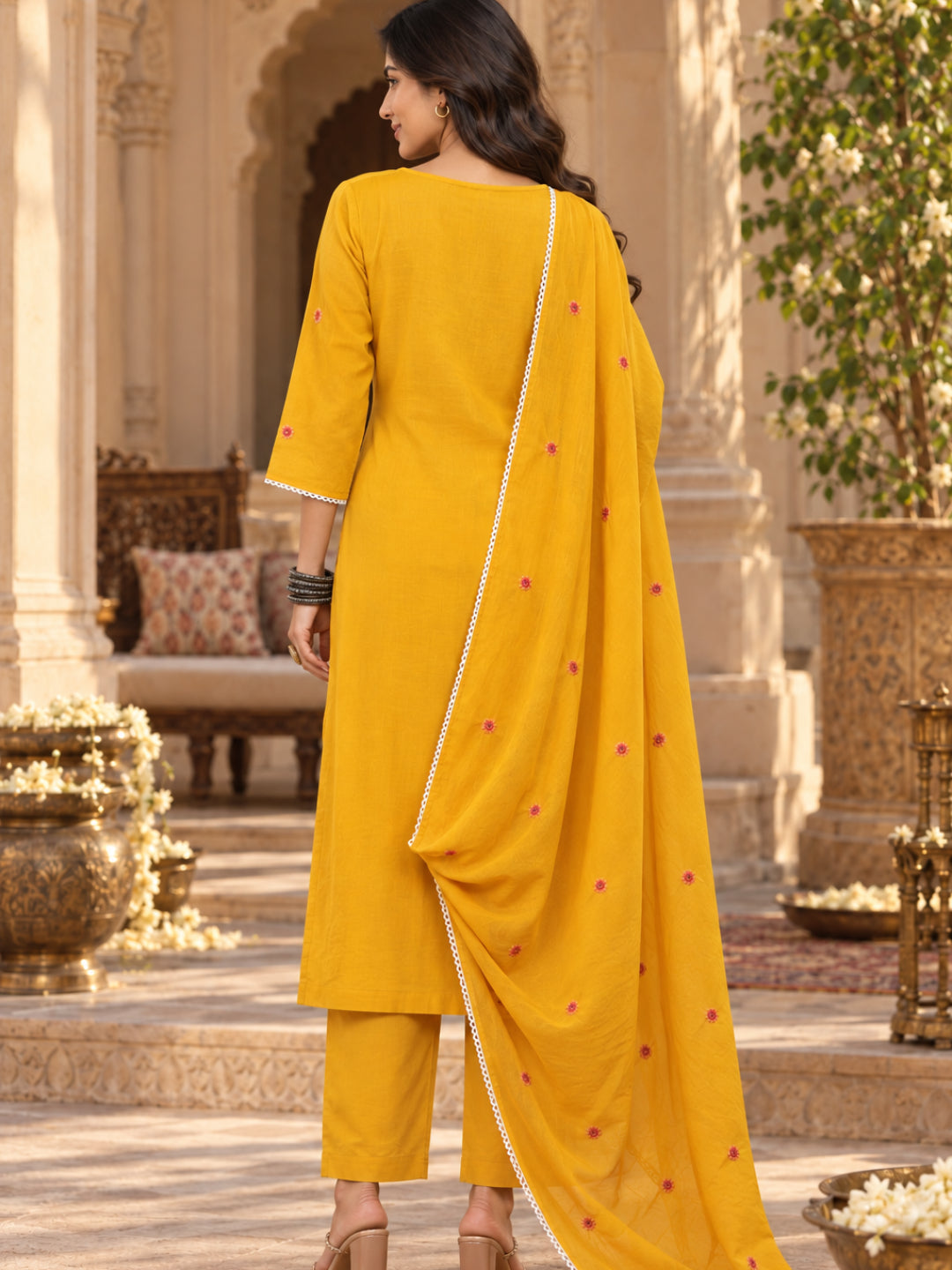 Musturd embriodred Kurta Set with Trouser and Dupatta - BluAuraa