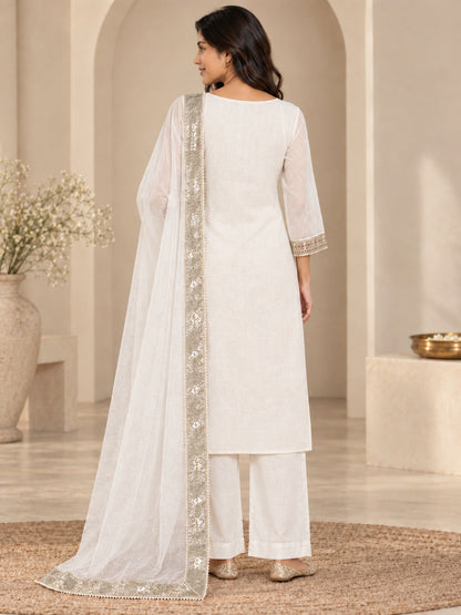 Ivory embriodred Kurta Set with Trouser and Dupatta - BluAuraa