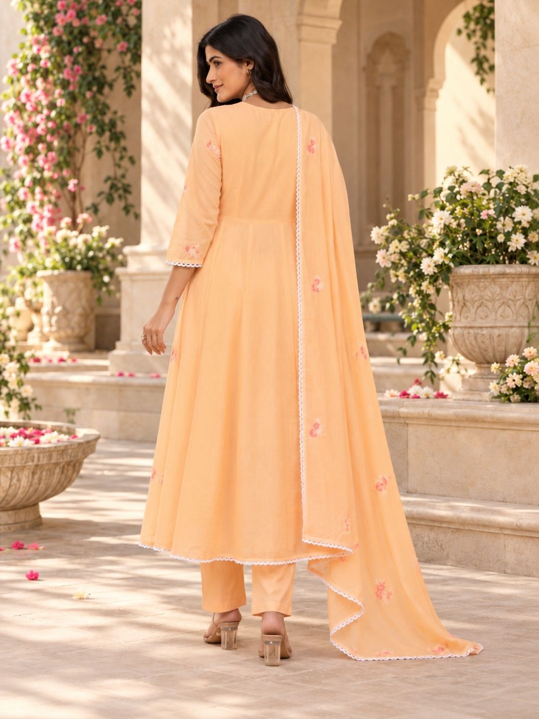 Peach Embroided Anarkali Set with Dupatta - BluAuraa