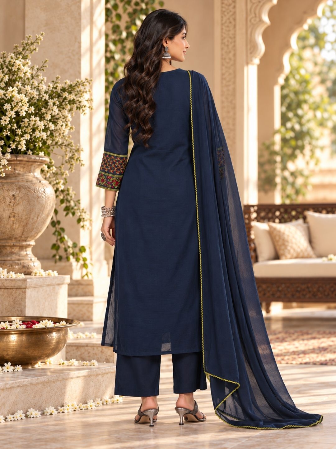 Indigo embriodred Kurta Set with Trouser and Dupatta - BluAuraa