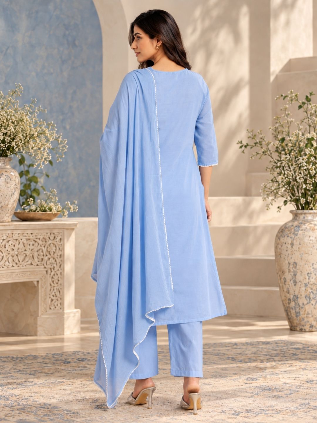 Powder Blue Cotton Embriodred Kurta Set and Dupatta - BluAuraa
