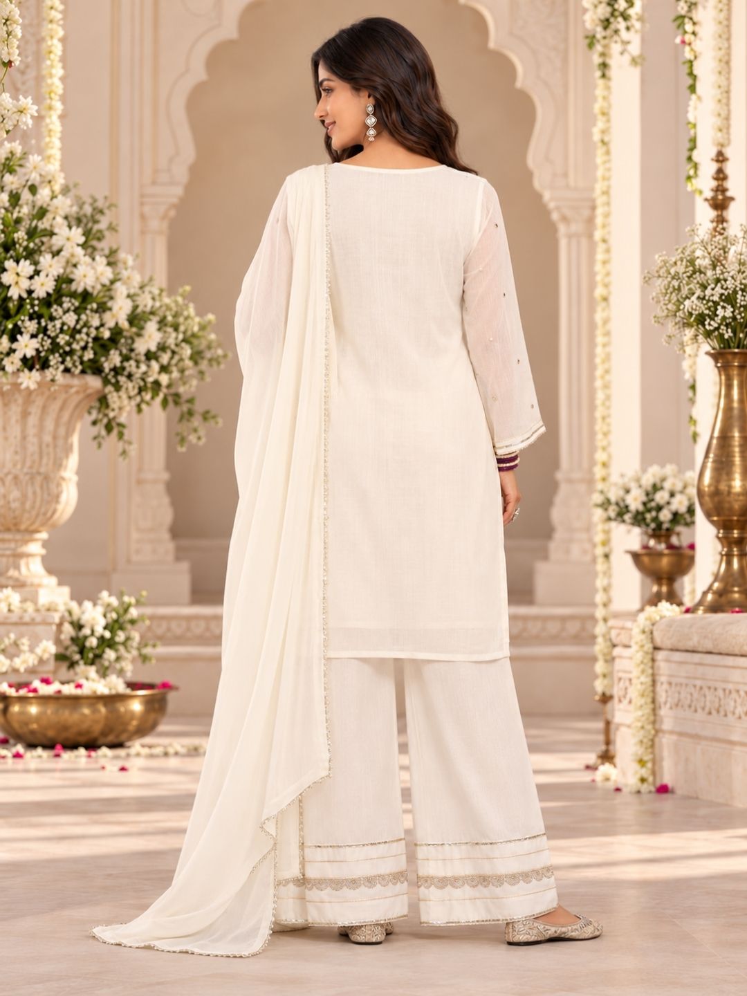 Ivory Embriodred Kurta Set wirh Farshi Pant and Dupatta - BluAuraa