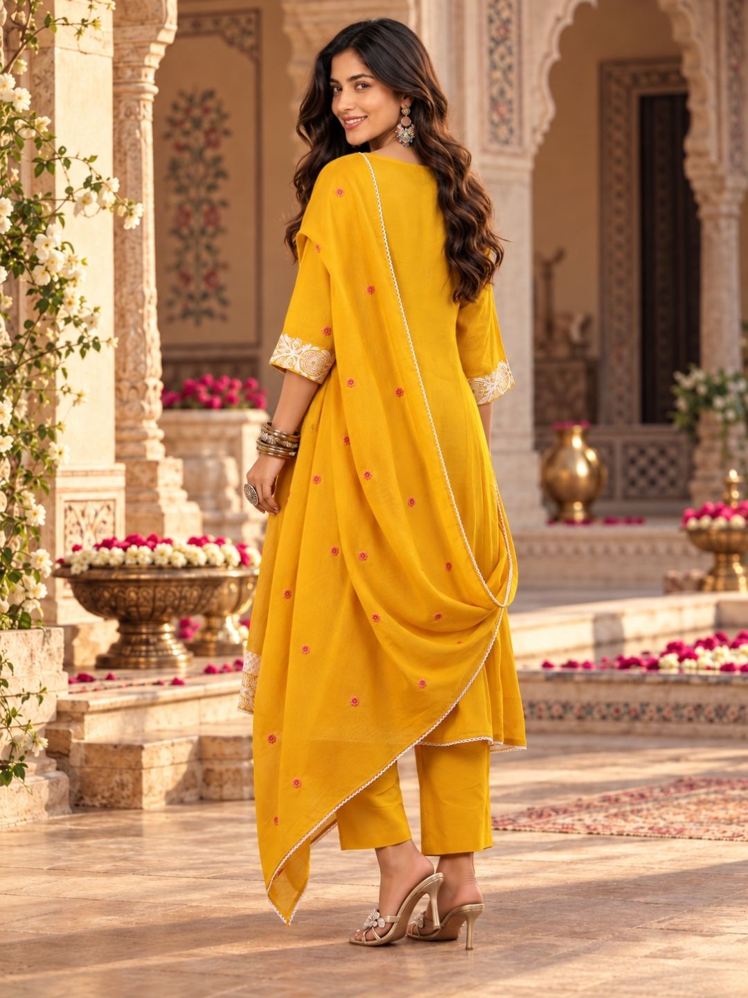 Mustard Embroided Anarkali Set with Dupatta - BluAuraa