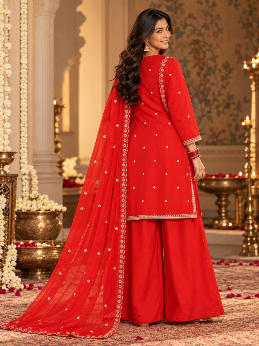 Red Embroidered Sharara Set with Dupatta - 1123 - BluAuraa