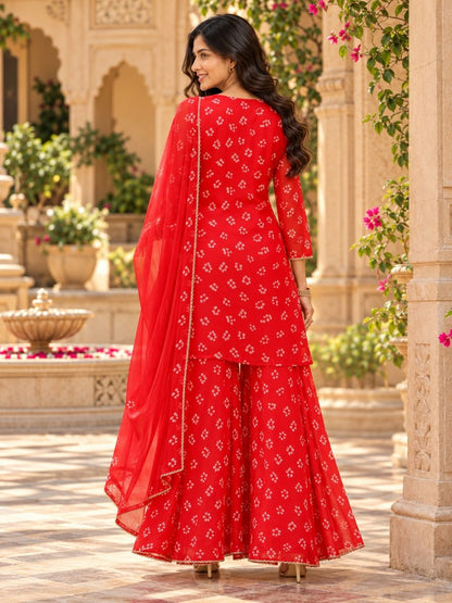 Red Embroidered Plazzo Set with Dupatta - BluAuraa