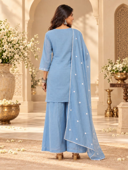 Powder Blue Plazzo Set with Dupatta - BluAuraa