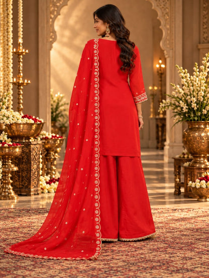 Red Embroidered Sharara Set with Dupatta - 1128 - BluAuraa