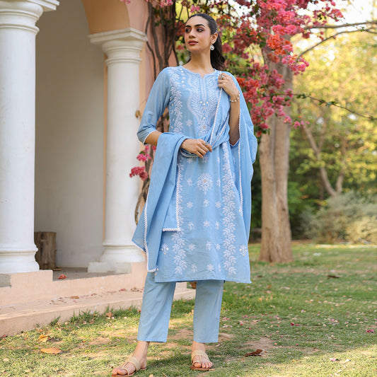 Cotton Mulmul Chikankari Embroidered Straight Suit Powder Blue