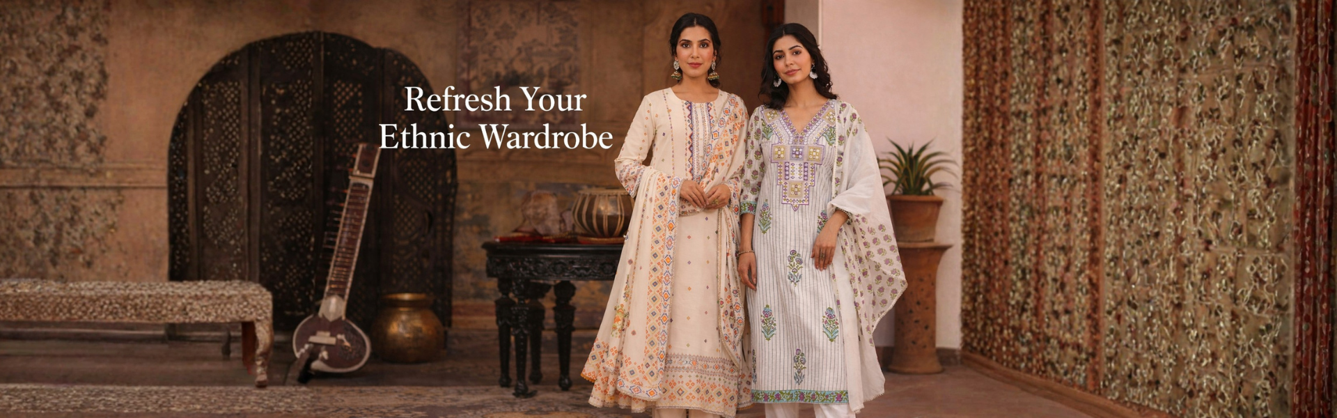 Two women in traditional outfits standing in a decorated room with ornate walls and a string instrument.