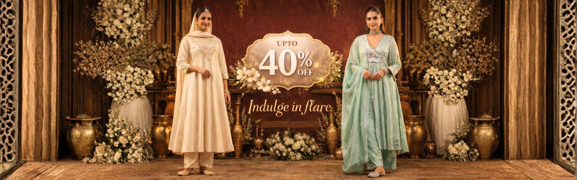 Two women in traditional outfits standing in front of a decorative backdrop with flowers and a sale banner.