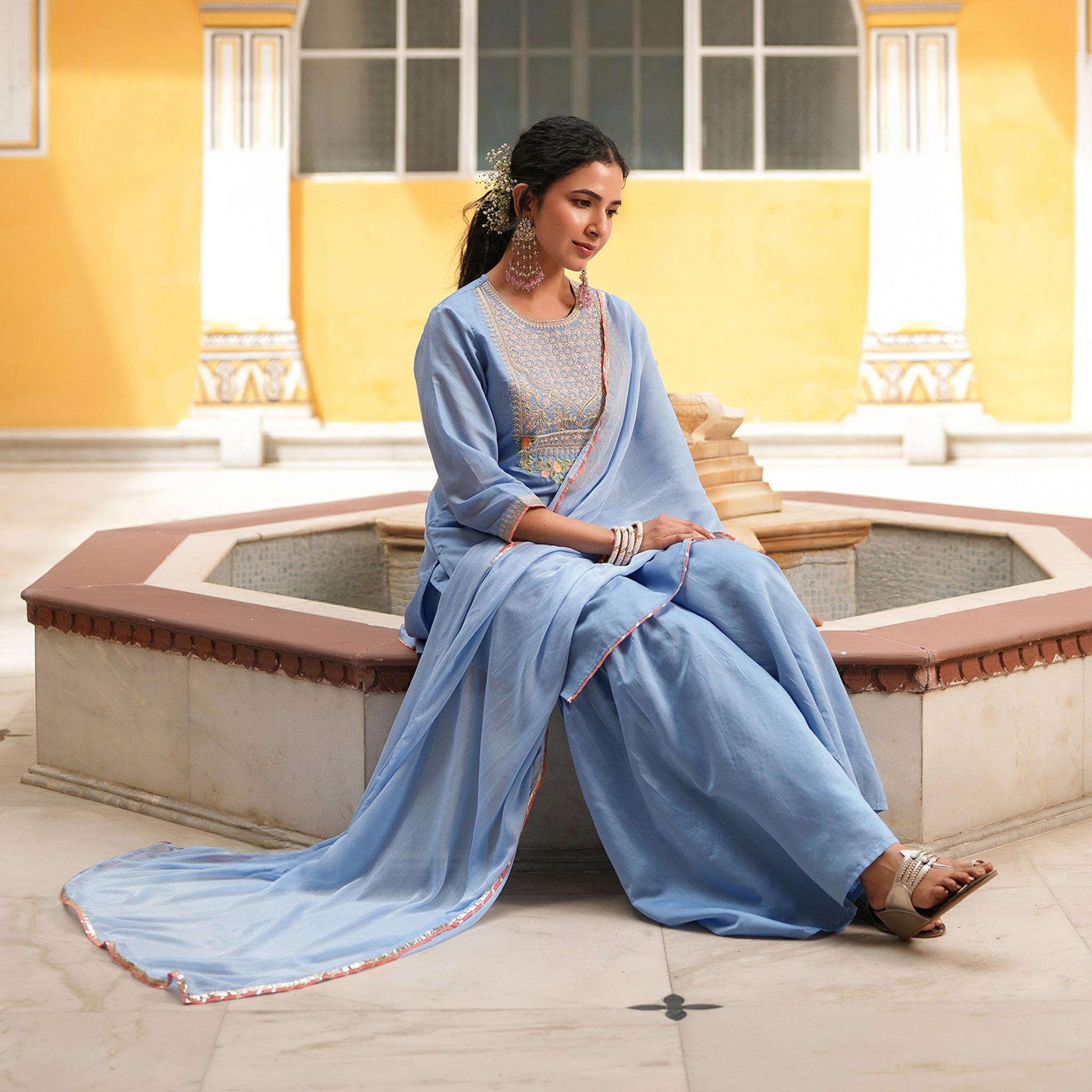 Chanderi Silk Embroidered Sharara Set - Bluauraa