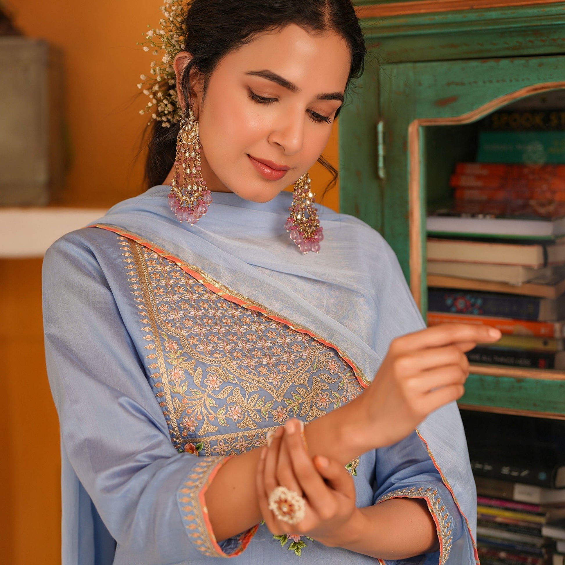 Chanderi Silk Embroidered Sharara Set - Bluauraa