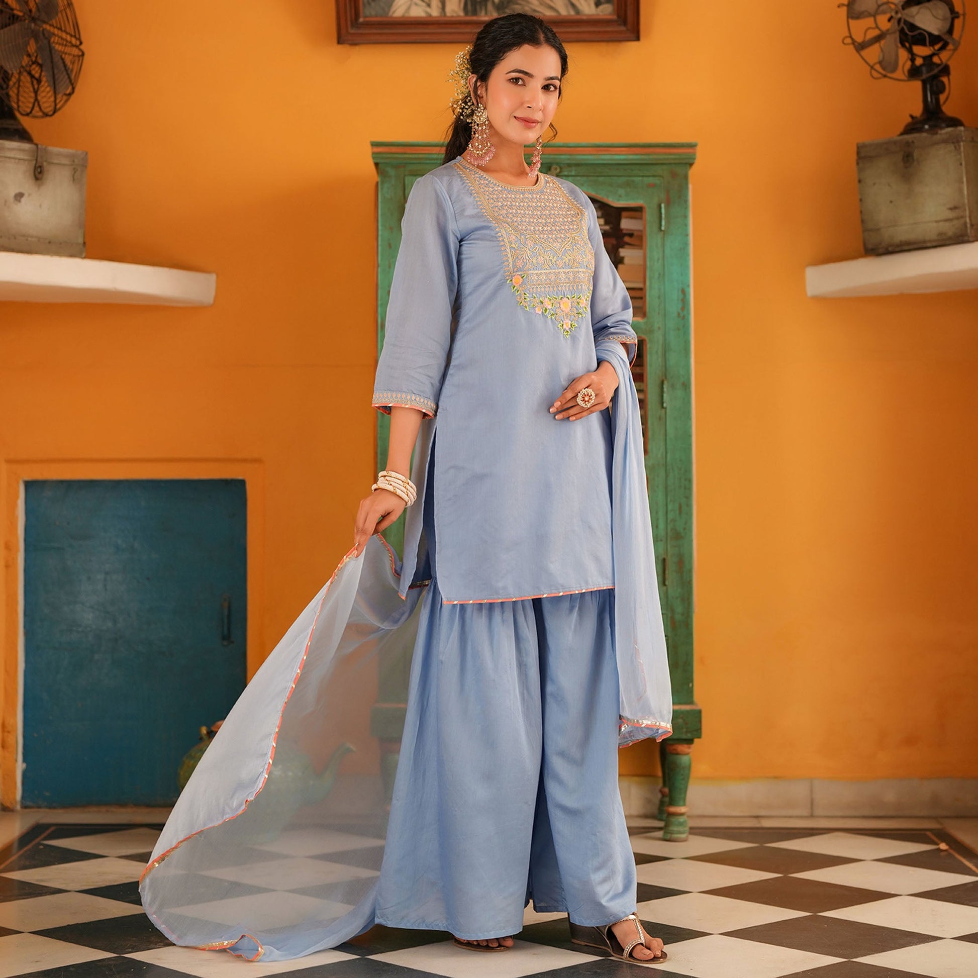 Chanderi Silk Embroidered Sharara Set - Bluauraa