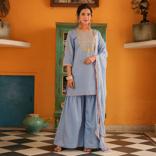 Chanderi Silk Embroidered Sharara Set - Bluauraa
