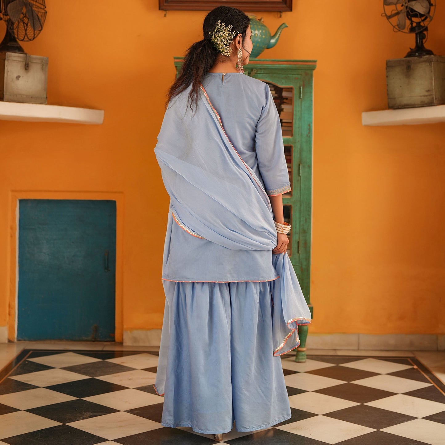 Chanderi Silk Embroidered Sharara Set - Bluauraa