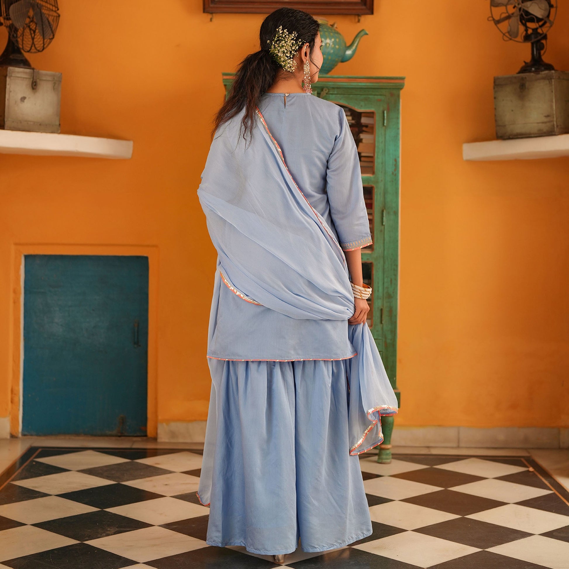 Chanderi Silk Embroidered Sharara Set - Bluauraa