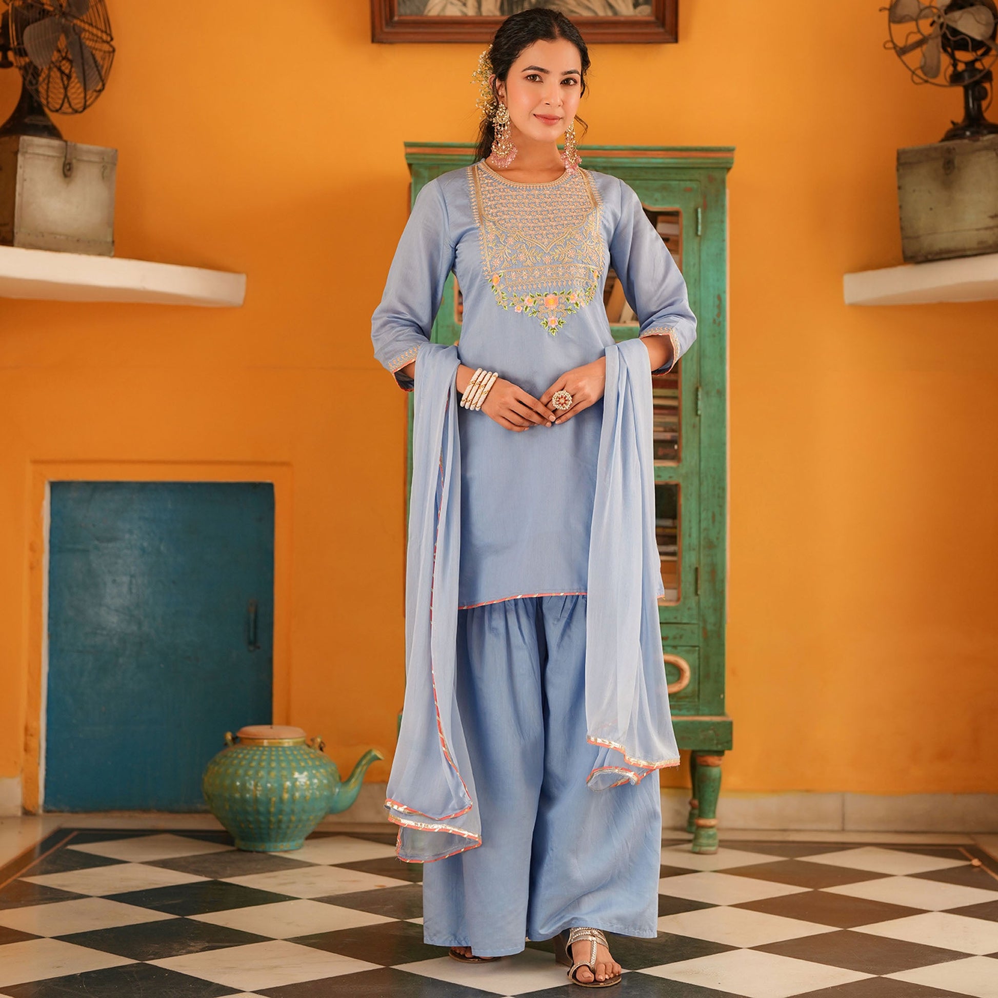 Chanderi Silk Embroidered Sharara Set - Bluauraa