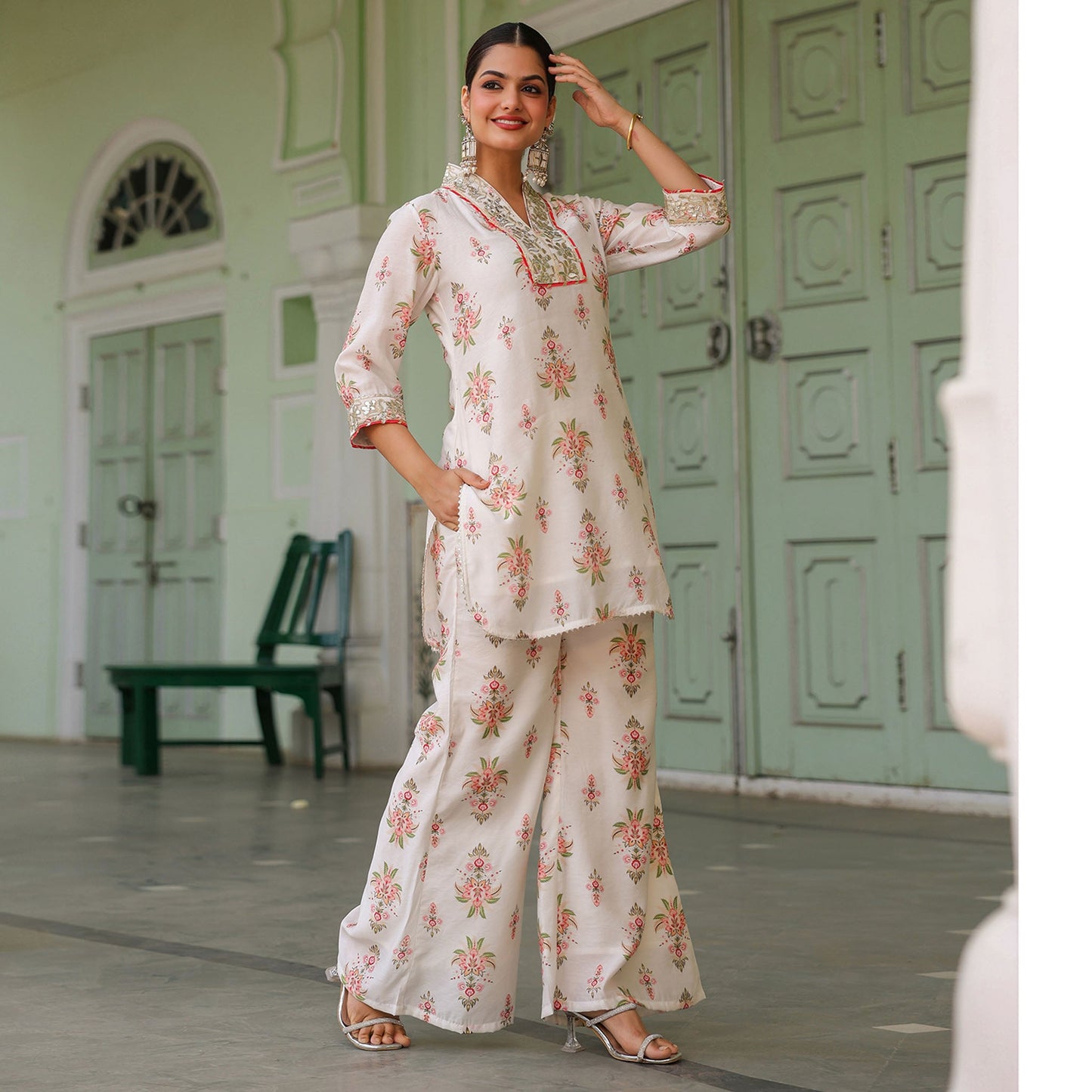 Chanderi Silk Floral Printed Co - ord Set - Bluauraa