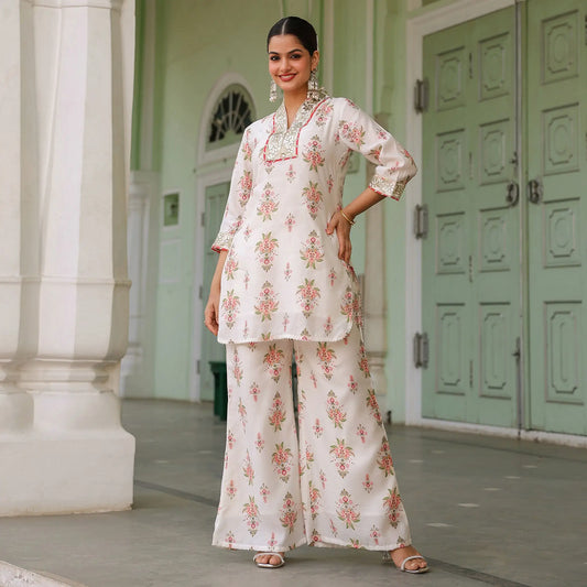 Chanderi Silk Floral Printed Co - ord Set - Bluauraa