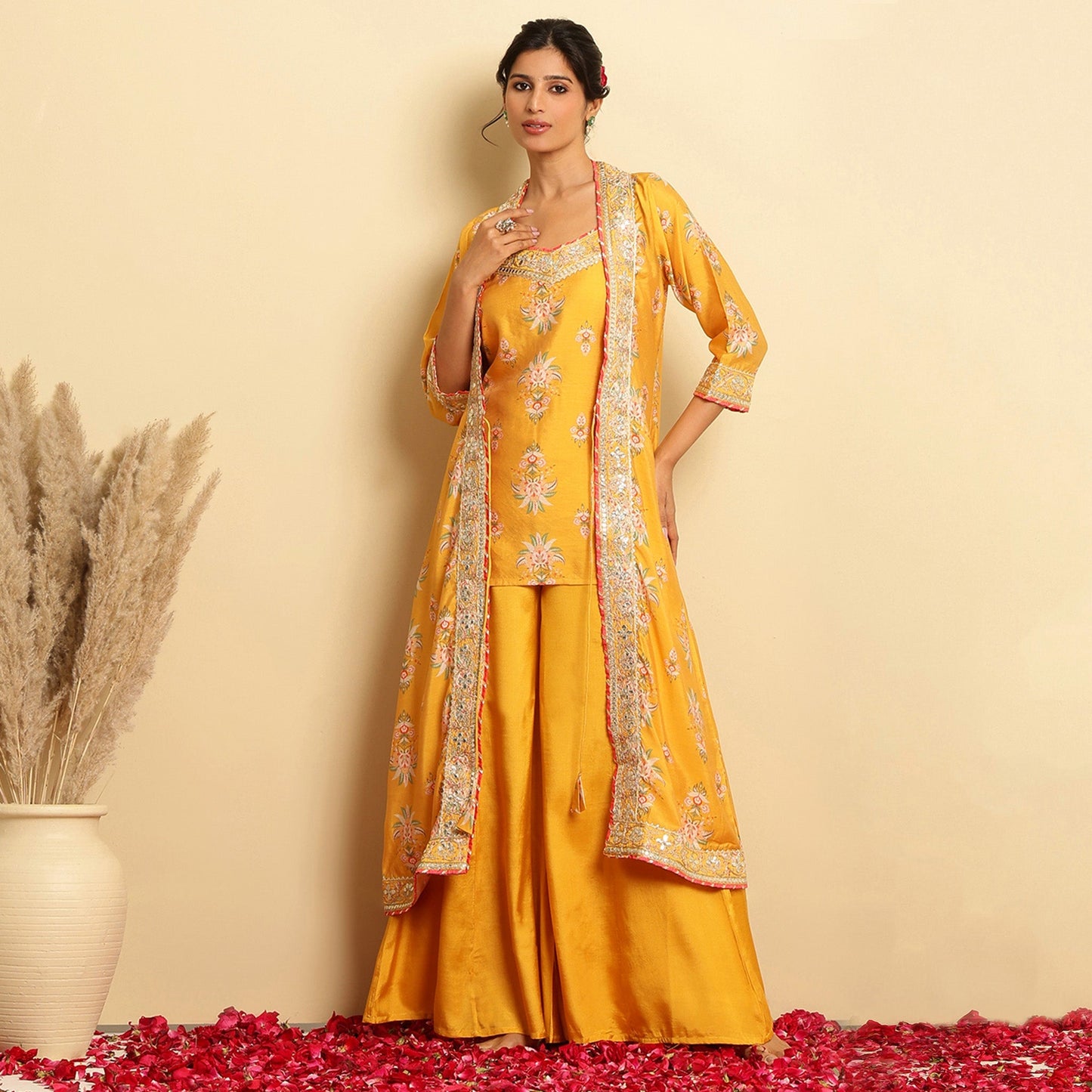 Chanderi Silk Floral Printed Shrug Set - Bluauraa