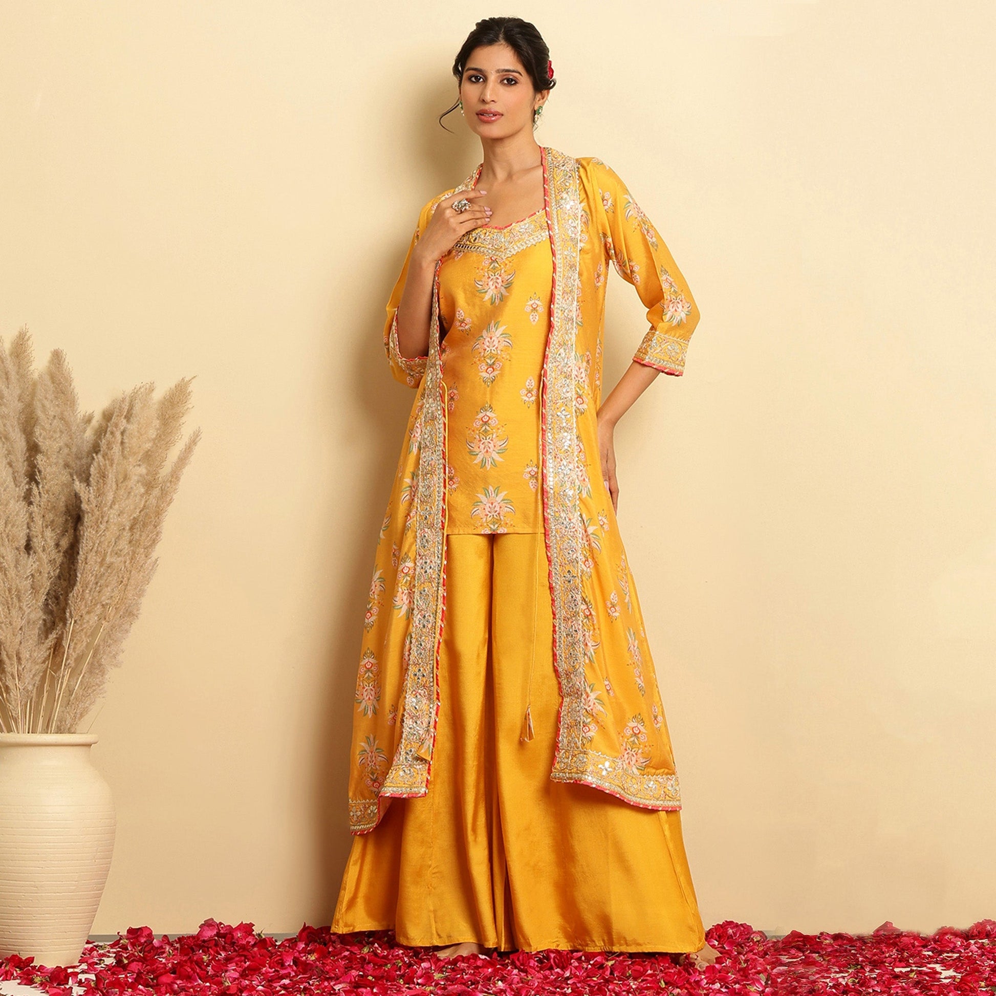 Chanderi Silk Floral Printed Shrug Set - Bluauraa