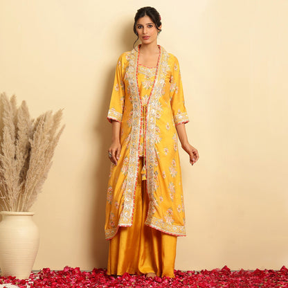 Chanderi Silk Floral Printed Shrug Set - Bluauraa