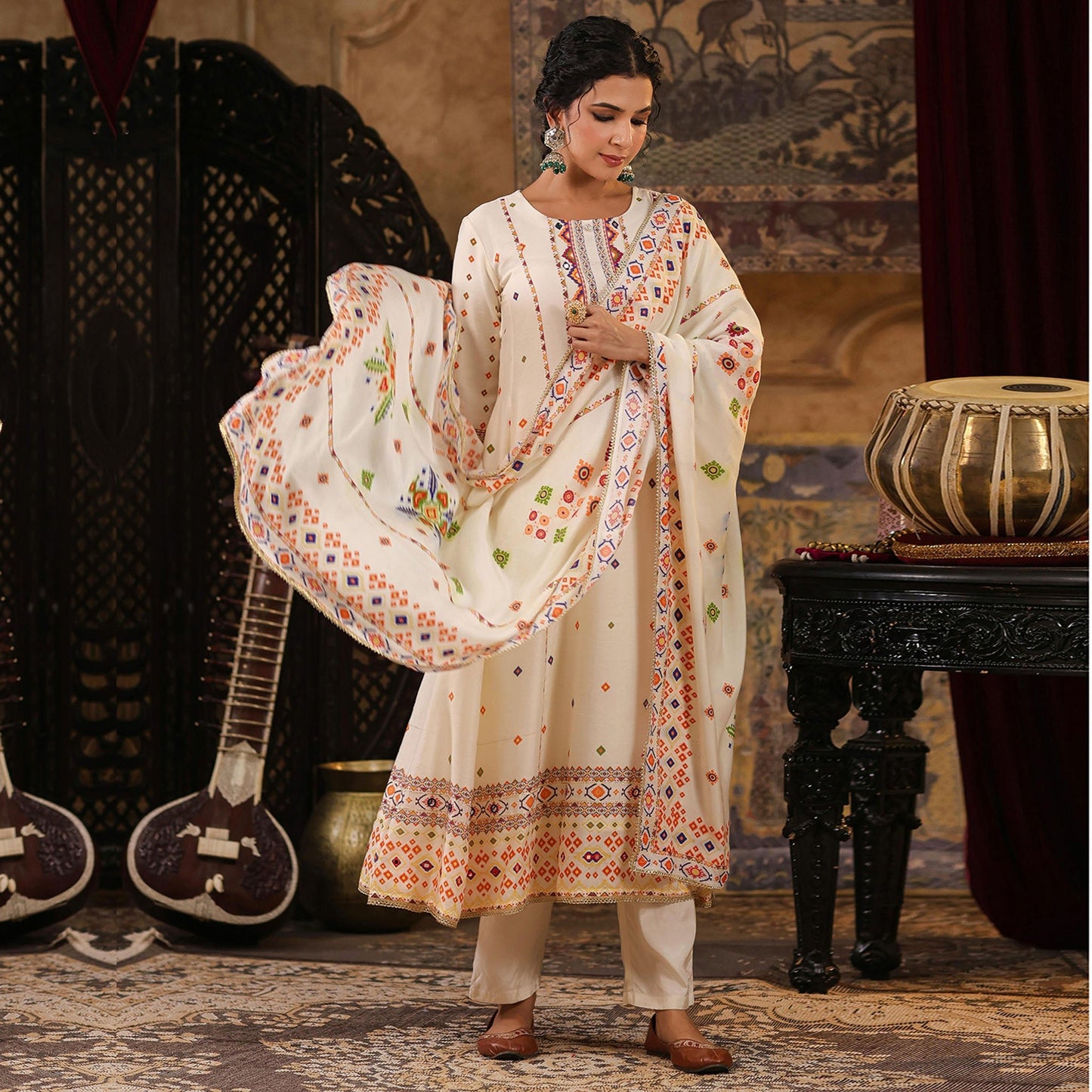 Chanderi Silk Patola Printed Anarkali Set - Bluauraa
