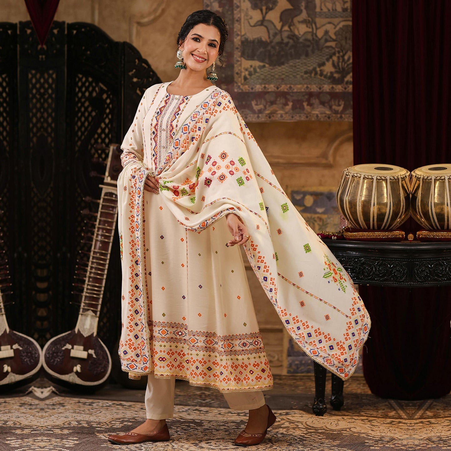Chanderi Silk Patola Printed Anarkali Set - Bluauraa
