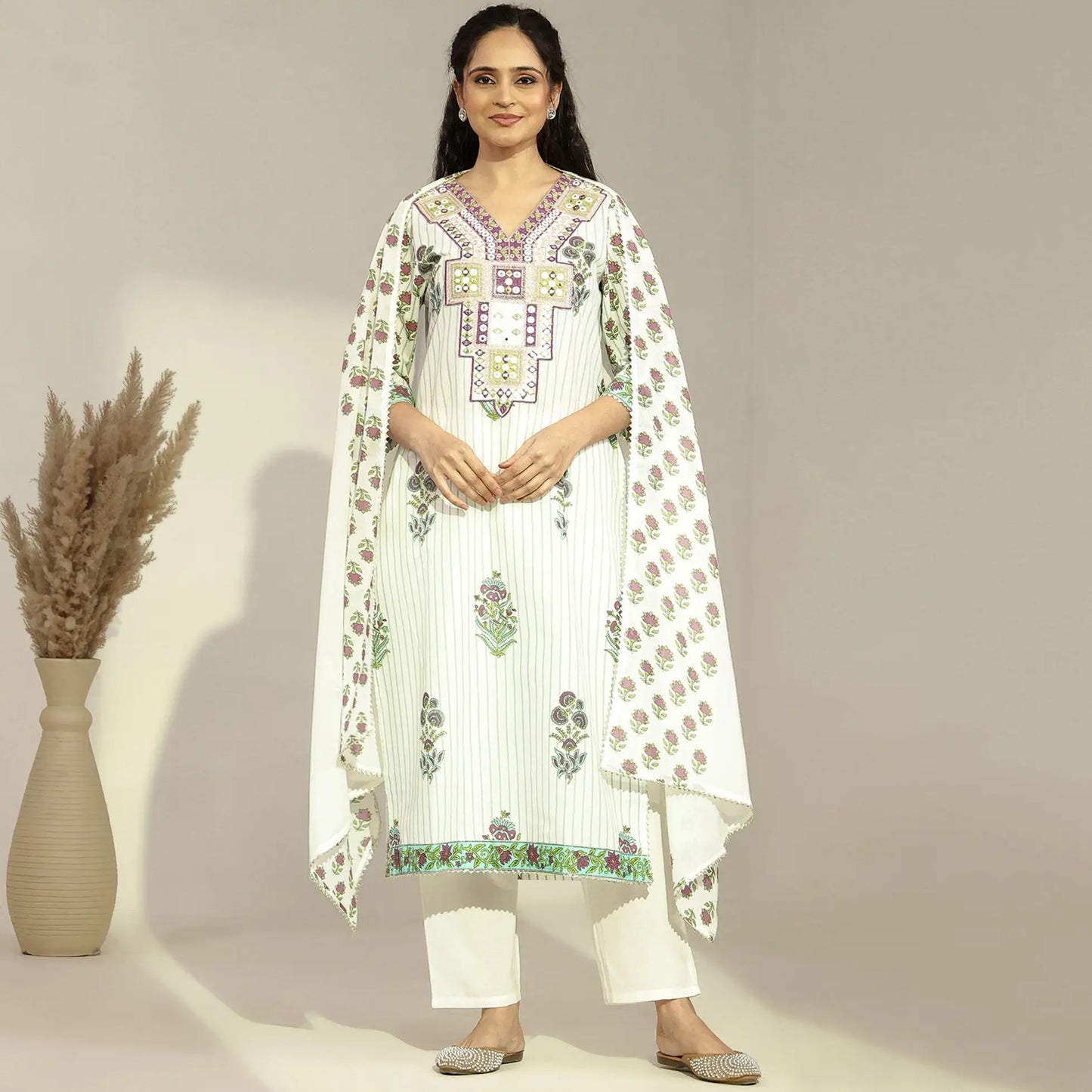 Cotton Floral - Printed Embroidered Straight Suit - Bluauraa