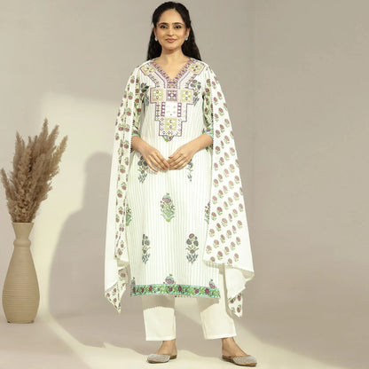 Cotton Floral - Printed Embroidered Straight Suit - Bluauraa