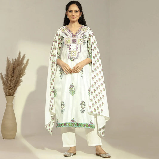 Cotton Floral - Printed Embroidered Straight Suit - Bluauraa