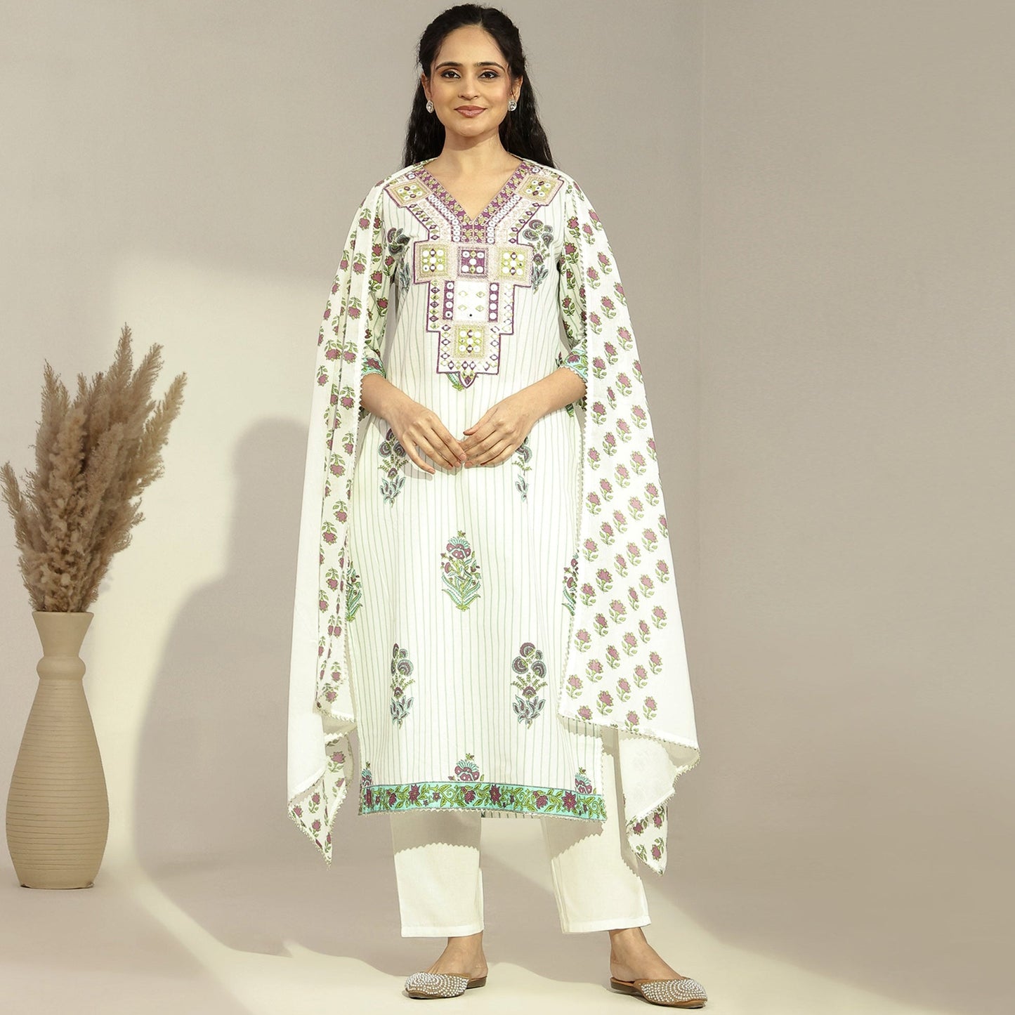 Cotton Floral - Printed Embroidered Straight Suit - Bluauraa
