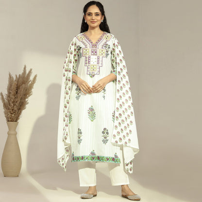 Cotton Floral - Printed Embroidered Straight Suit - Bluauraa