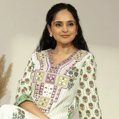 Cotton Floral - Printed Embroidered Straight Suit - Bluauraa