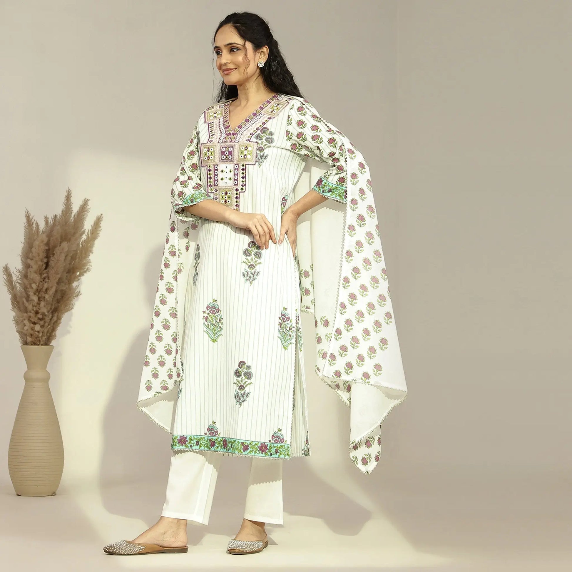 Cotton Floral - Printed Embroidered Straight Suit - Bluauraa