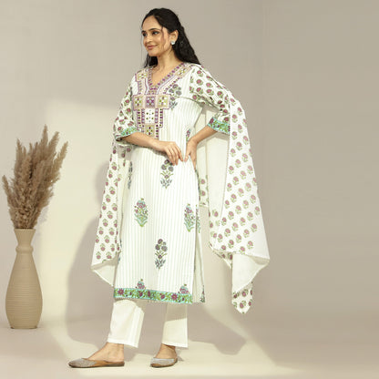 Cotton Floral - Printed Embroidered Straight Suit - Bluauraa