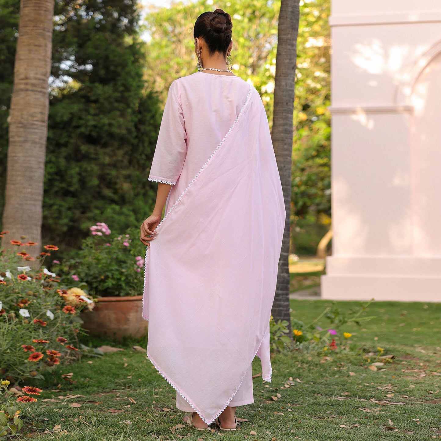 Cotton Mulmul Chikankari Embroidered Straight Suit Baby Pink - Bluauraa