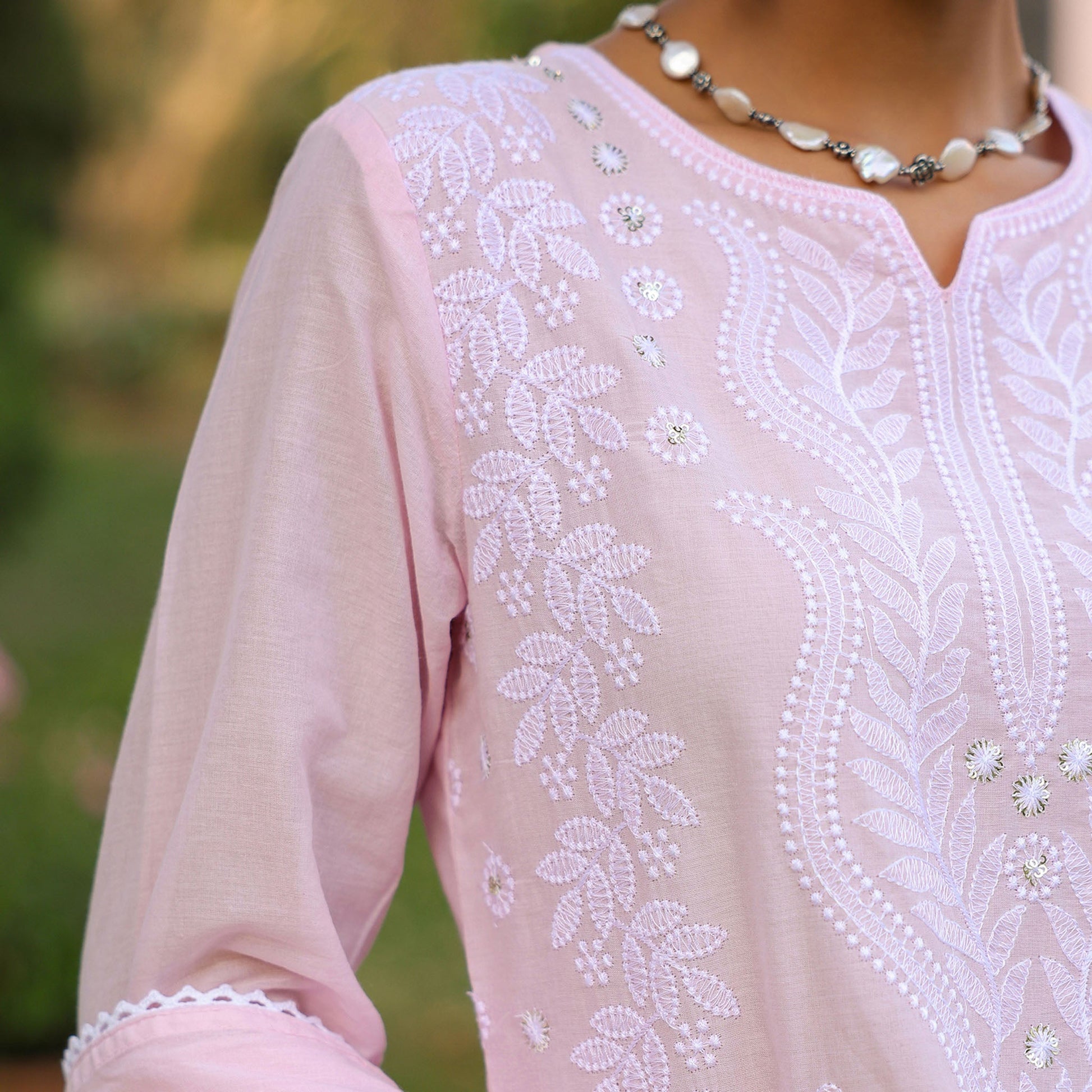 Cotton Mulmul Chikankari Embroidered Straight Suit Baby Pink - Bluauraa