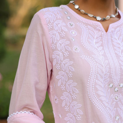 Cotton Mulmul Chikankari Embroidered Straight Suit Baby Pink - Bluauraa
